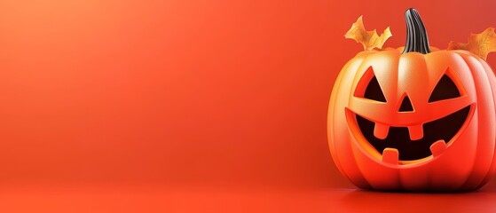 Poster -  A Halloween pumpkin featuring a jack-o-lantern face and leaves protruding from its mouth