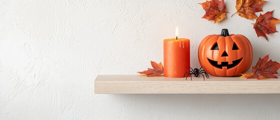 Wall Mural -  A few orange candles atop a wooden shelf, adjacent to a jack-o-lantern