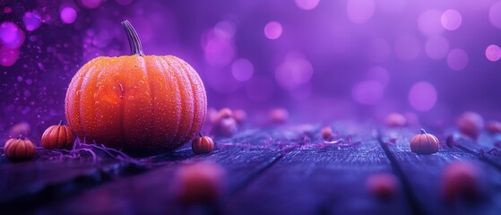 Poster -  A tight shot of a pumpkin against a wood backdrop, featuring water droplets on the texture, and an indistinct background