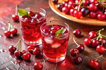 Canvas Print - Refreshing cherry cocktails garnished with mint leaves.