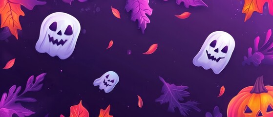 Canvas Print -  A purple background adorned with Halloween pumpkin heads and ghosts, surrounded by orange and purple leaves