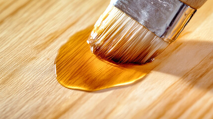 Wall Mural - Close-up of a brush applying varnish to a wooden surface with drops of clear polish on light pine, creating a smooth and shiny finish