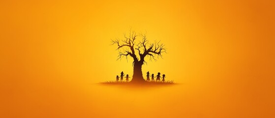 Wall Mural -  A group of people gathered before a solitary tree, situated in a expansive, sunlit yellow field Behind them, a vibrant yellow sky extended