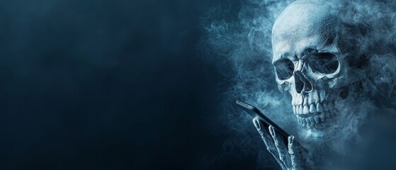 Canvas Print -  A skull, clutching a cell phone in its bony hands, emits smoke from the device's back A cigarette hangs menacingly between its teeth, billowing thick pl