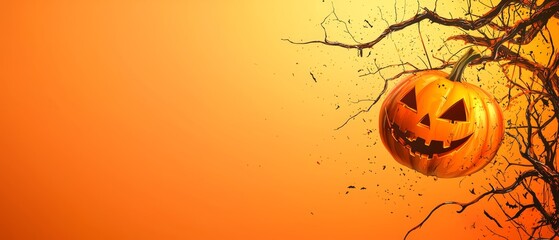 Wall Mural -  A jack-o-lantern dangles from a tree branch, its spooky features accentuated