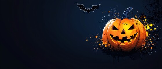 Wall Mural -  A battered pumpkin spread out in the foreground, its vibrant insides contrasting against a dark backdrop A bat hovering menacingly in the night air above