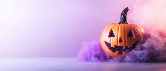 Canvas Print -  A Jack-o-lantern emits smoke against a backdrop of purple and pink, with its own plume added