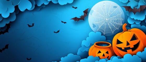 Wall Mural -  Two pumpkins on a blue backdrop, accompanied by bats and a full moon in the background