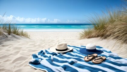 Wall Mural - Relaxing beach scene with a blue towel and a sun hat by the ocean