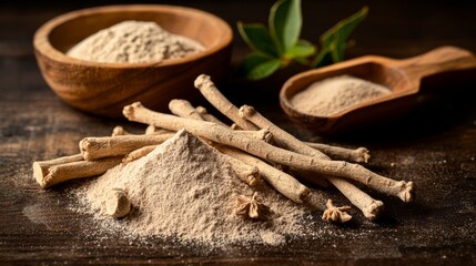 Wall Mural - Natural ashwagandha powder in a wooden bowl surrounded by raw roots on a rustic wooden surface.