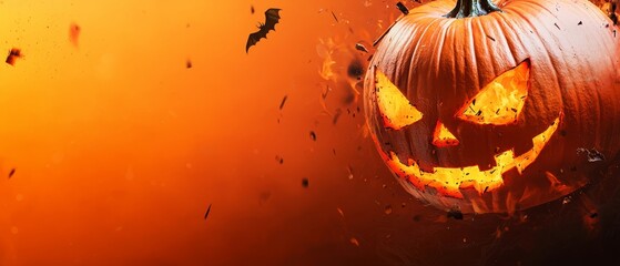 Poster -  A jack-o-lantern pumpkin sits in front of an orange backdrop Bats flit around the scene