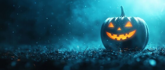 Poster -  A jack-o-lantern pumpkin sits in the midst of a grassy field, surrounded by fog in the background