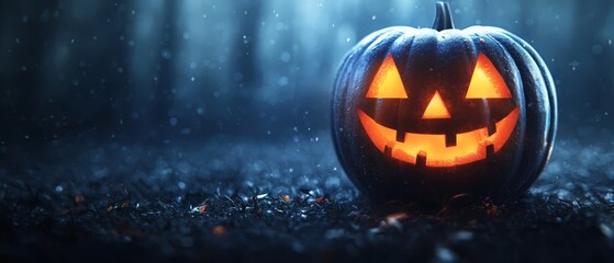 Sticker -  A jack-o-lantern pumpkin sits in a field, as rain pours down around it