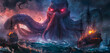 © Iwankrwn - Epic fantasy scene featuring a massive kraken-like Cthulhu rising from the deep, towering over a ship in the sea. Dark, terrifying atmosphere perfect for horror-themed visuals or storytelling