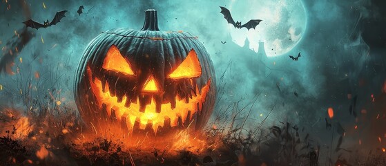 Canvas Print -  A Halloween pumpkin with glowing eyes sits in a field of golden grass Bats flit about, and a full moon rises in the background