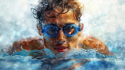 Young male swimmer in blue goggles emerges from sparkling water during an intense swimming session.