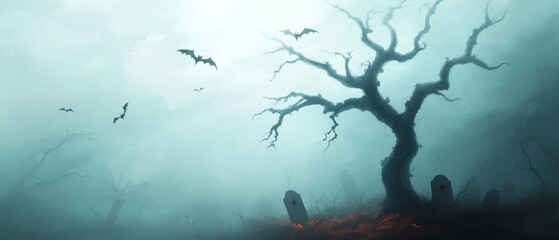 Wall Mural -  A solitary tree in a foggy, haunting forest, home to bats in flight