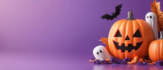 Wall Mural -  A collection of Halloween pumpkins atop a mound of purple sprinkles against a purple backdrop