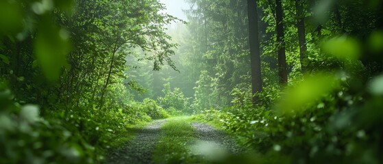 Poster -  A path bisecting a forest, flanked by lush greenery on either side, and bordered by trees beyond