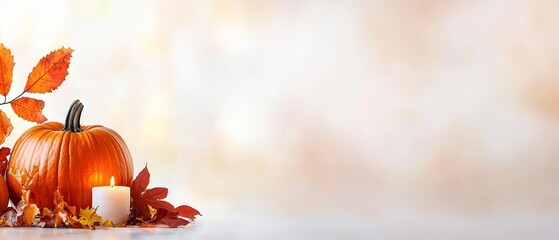 Poster -  Two pumpkins atop a table Nearby, a vase filled with leaves houses a lit candle