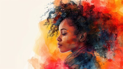 Profile of a young African American woman with curly hair in a colorful abstract background.