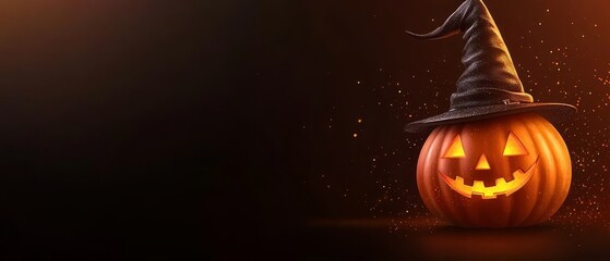 Wall Mural -  A Halloween pumpkin wearing a witch's hat, against a dark backdrop with twinkling Sparkles