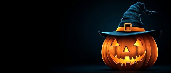 Canvas Print -  A Halloween pumpkin wearing a witch hat, illuminated by a candle's light