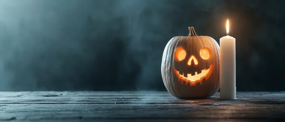 Sticker -  A jack-o-lantern, intricately carved, sits beside a lit candle on a weathered wooden table Fog shrouds the background