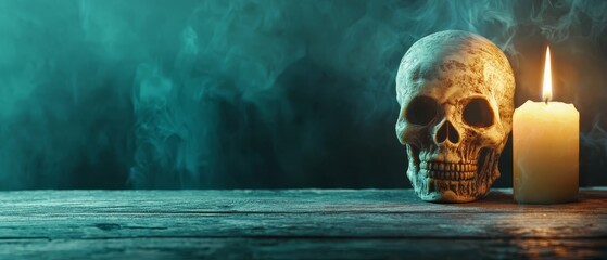 Wall Mural -  A skull sits next to a lit candle on a weathered wooden table before a smoky, green wallpaper