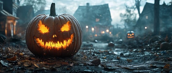 Poster -  A jack-o-lantern pumpkin glows in the midst of a deserted street, houses looming behind