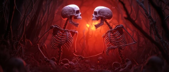 Canvas Print -  Two skeletons stand side by side before a solitary red tree in a forest of deceased foliage