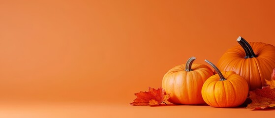 Sticker -  Three pumpkins sit together on a leaf-piled orange background