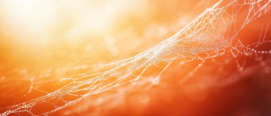 Wall Mural -  A tight shot of a spider's web against an out-of-focus orange and yellow backdrop Sunlight filters through the intricate webbing