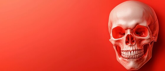 Canvas Print -  A human skull against a red backdrop; a single red mark in its center, another in the bottom half