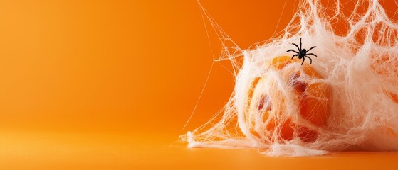 Poster -  A few oranges atop a white-cloth-covered table, backdrop of an orange hue, inhabited by spiderwebs