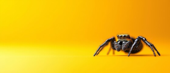 Wall Mural -  A tight shot of a spider against a yellow backdrop, featuring a superimposed black-and-white spider on its hind legs