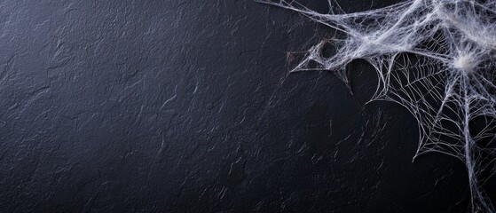 Sticker -  A near view of a spider web on a black wall, featuring a white spider web adjacent to it