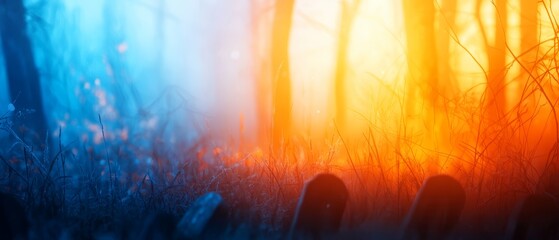 Canvas Print - tall grass and trees in the foreground, a vibrant orange-blue sky in the background