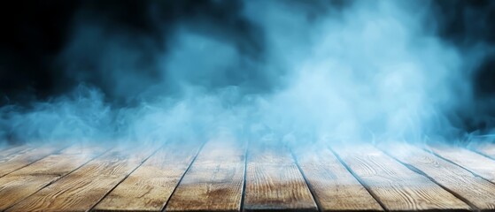 Wall Mural -  A wooden floor exudes much blue smoke from its surface, contrasted by a backdrop of a pure black background above