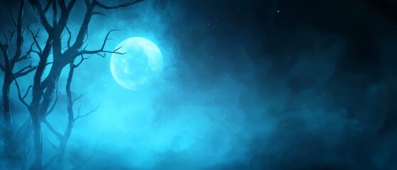 Wall Mural -  A full moon painting in the night sky, featuring trees in the foreground and clouds in the background