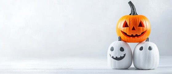 Wall Mural -  Two pumpkins placed adjacent on white eggs, against a white backdrop