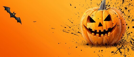 Sticker -  A jack-o-lantern pumpkin with splatters and a bat against an orange and black background