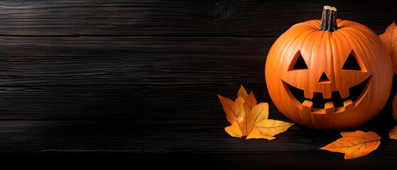 Canvas Print -  A carved pumpkin atop a wooden table, flanked by two orange pumpkins, each adorned with surrounding leaves