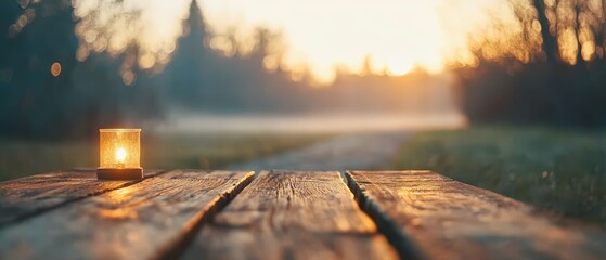 Poster -  A lit candle atop a weathered table, situated in a field's heart, surrounded by trees in the backdrop