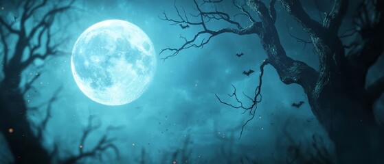 Wall Mural -  A full moon painting in the night sky, foreground populated with bats and trees