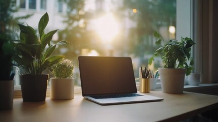 Poster - This minimalist home office features a natural wooden desk with a sleek laptop, surrounded by potted plants. Bright sunlight filters through a large window, enhancing productivity