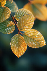 Poster - A close-up of dew on leaves in a morning garden, floating on a soft pastel canvas,