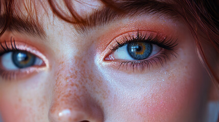Poster - A close-up of eyes with perfectly blended eyeshadow, isolated on a pastel backdrop,