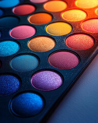 Aufkleber - A makeup palette with a variety of colorful shades, floating gently on a pastel canvas,