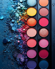 Aufkleber - A makeup palette with a variety of colorful shades, floating gently on a pastel canvas,